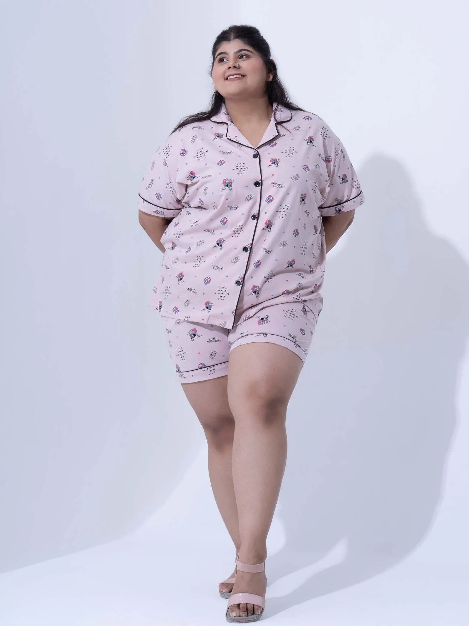 Plus Size Women Pure Cotton Pink Shorts Set