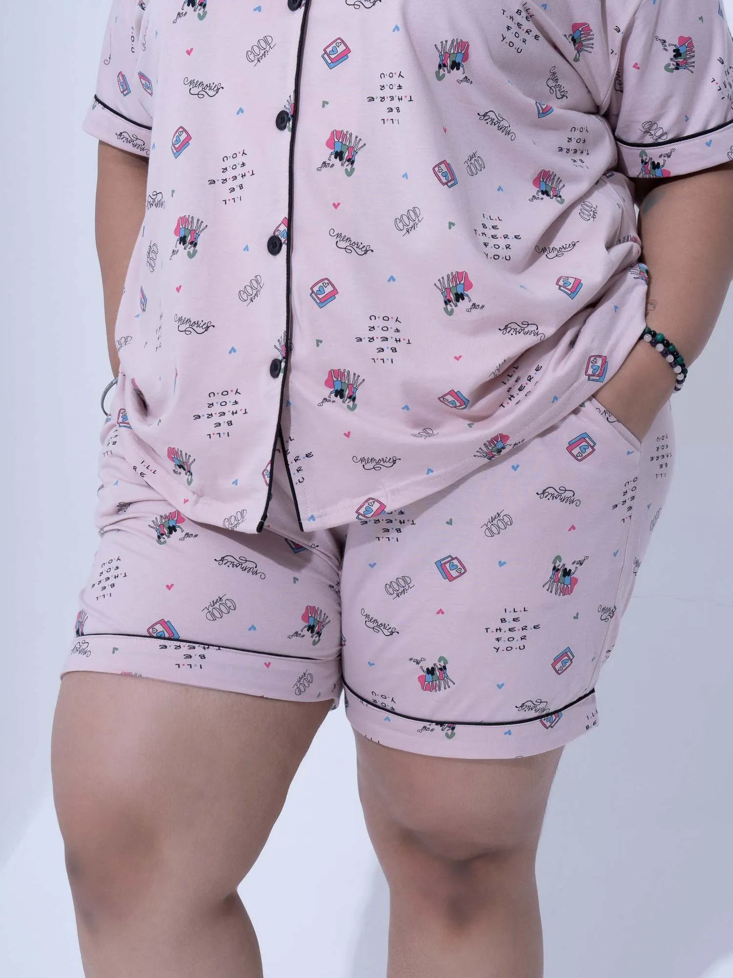 Plus Size Women Pure Cotton Pink Shorts Set