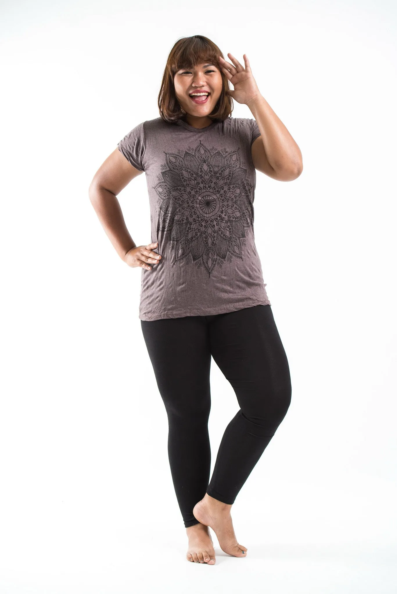 Plus Size Womens Lotus Mandala T-Shirt in Brown