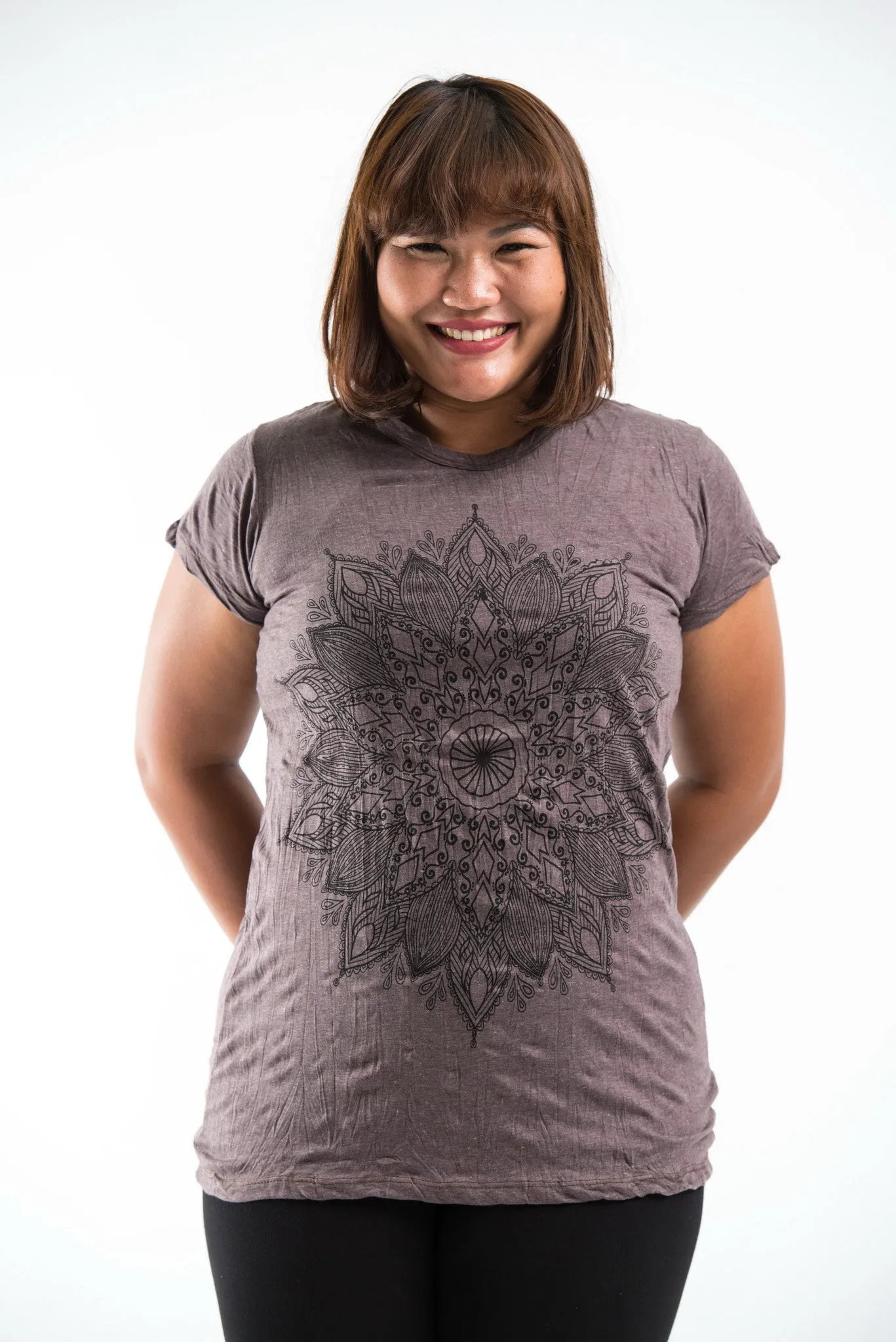 Plus Size Womens Lotus Mandala T-Shirt in Brown