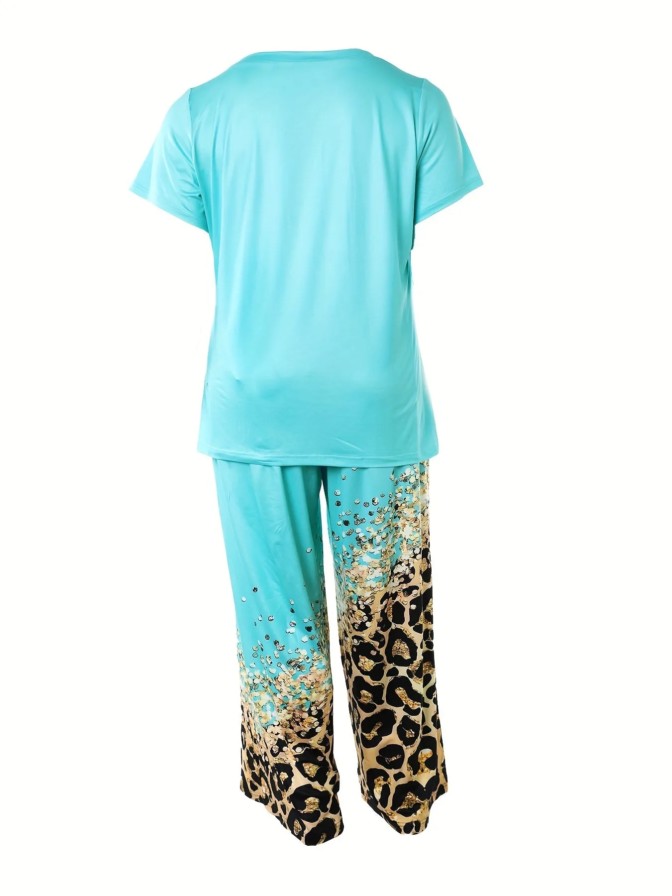 Plus Size Women's Trendy Pajamas Set with Cross Letter & Leopard Print Tee & Pants Lounge Ensemble"