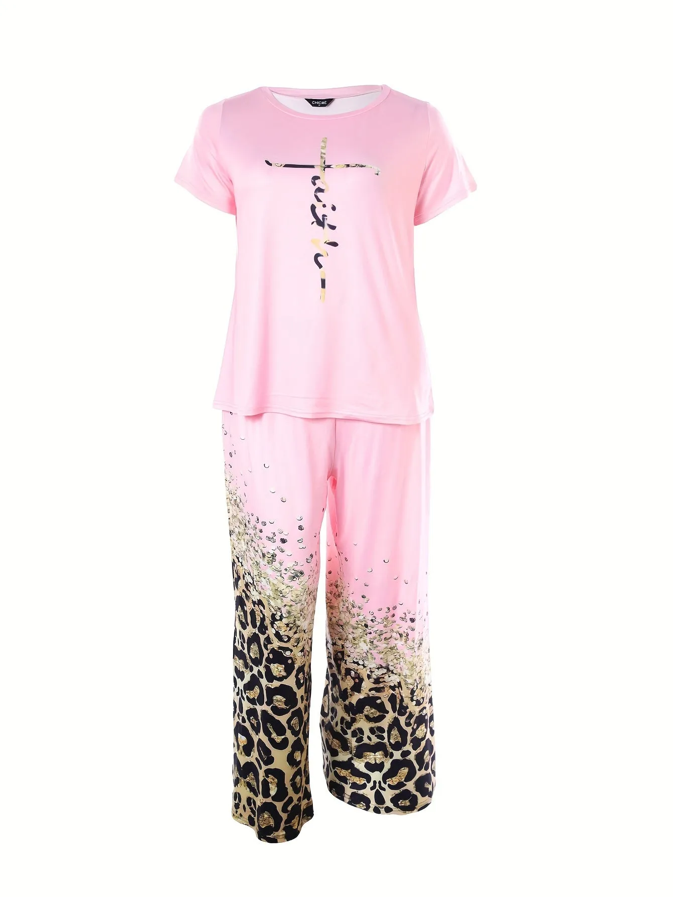 Plus Size Women's Trendy Pajamas Set with Cross Letter & Leopard Print Tee & Pants Lounge Ensemble"