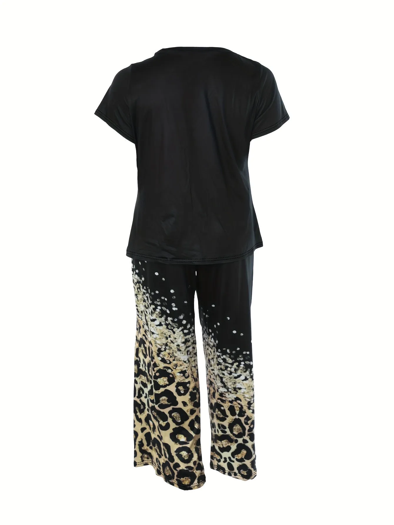 Plus Size Women's Trendy Pajamas Set with Cross Letter & Leopard Print Tee & Pants Lounge Ensemble"