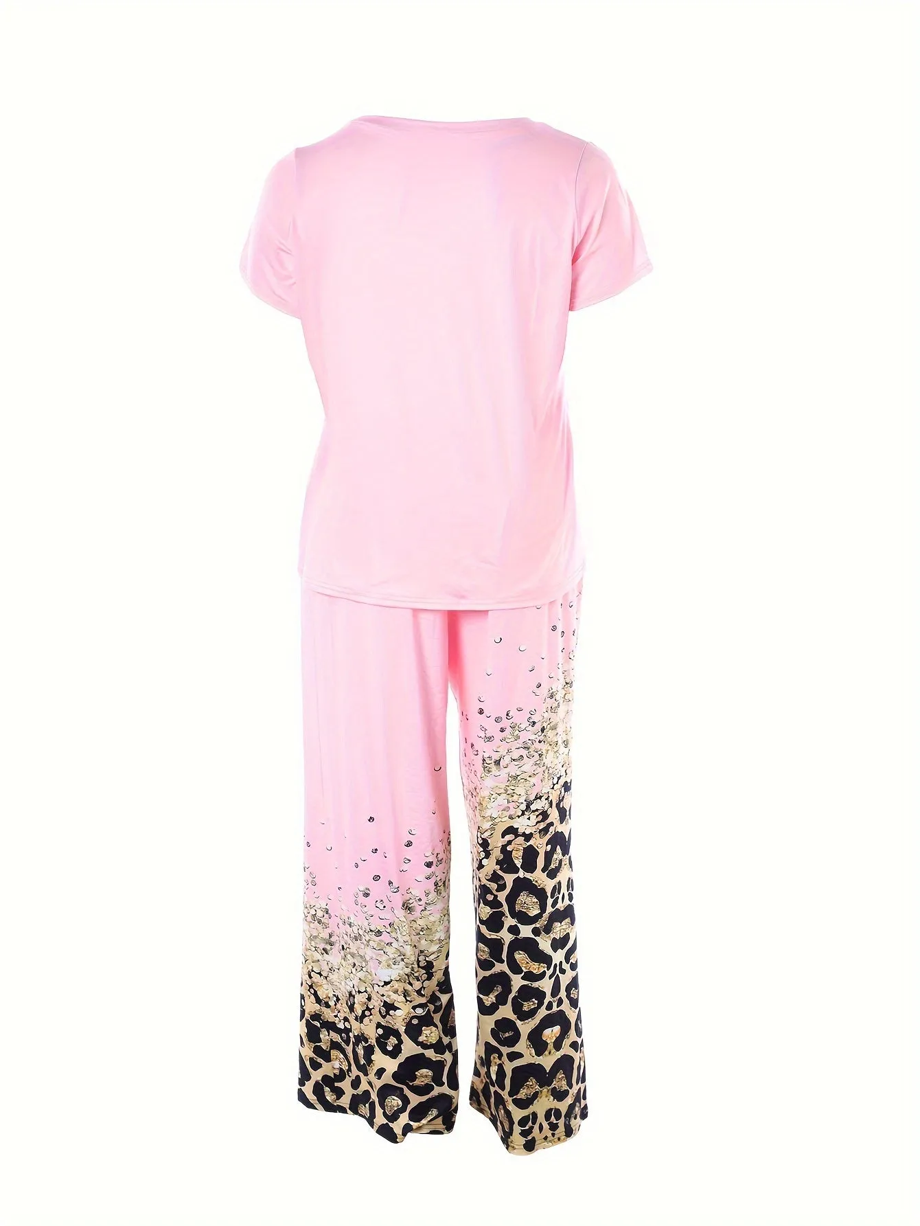 Plus Size Women's Trendy Pajamas Set with Cross Letter & Leopard Print Tee & Pants Lounge Ensemble"