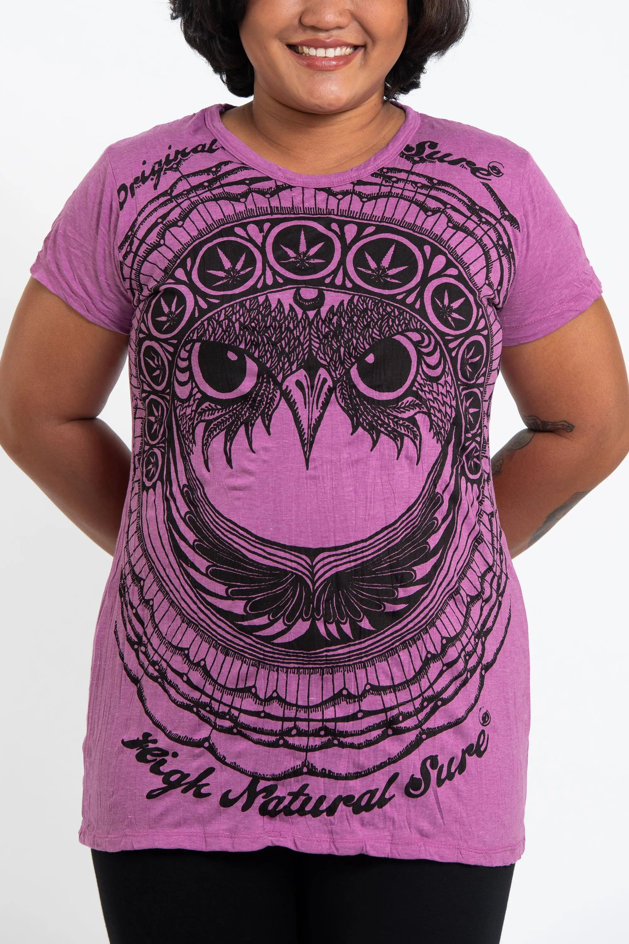 Plus Size Womens Weed Owl T-Shirt in Pink