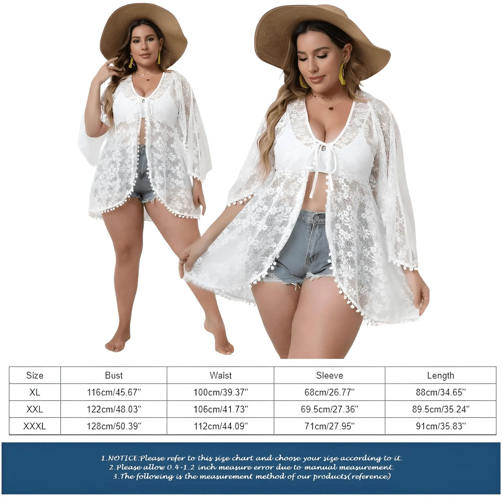 Plus Size Women's White Lace Cover Up Top- Cover Up Kimono Cardigan