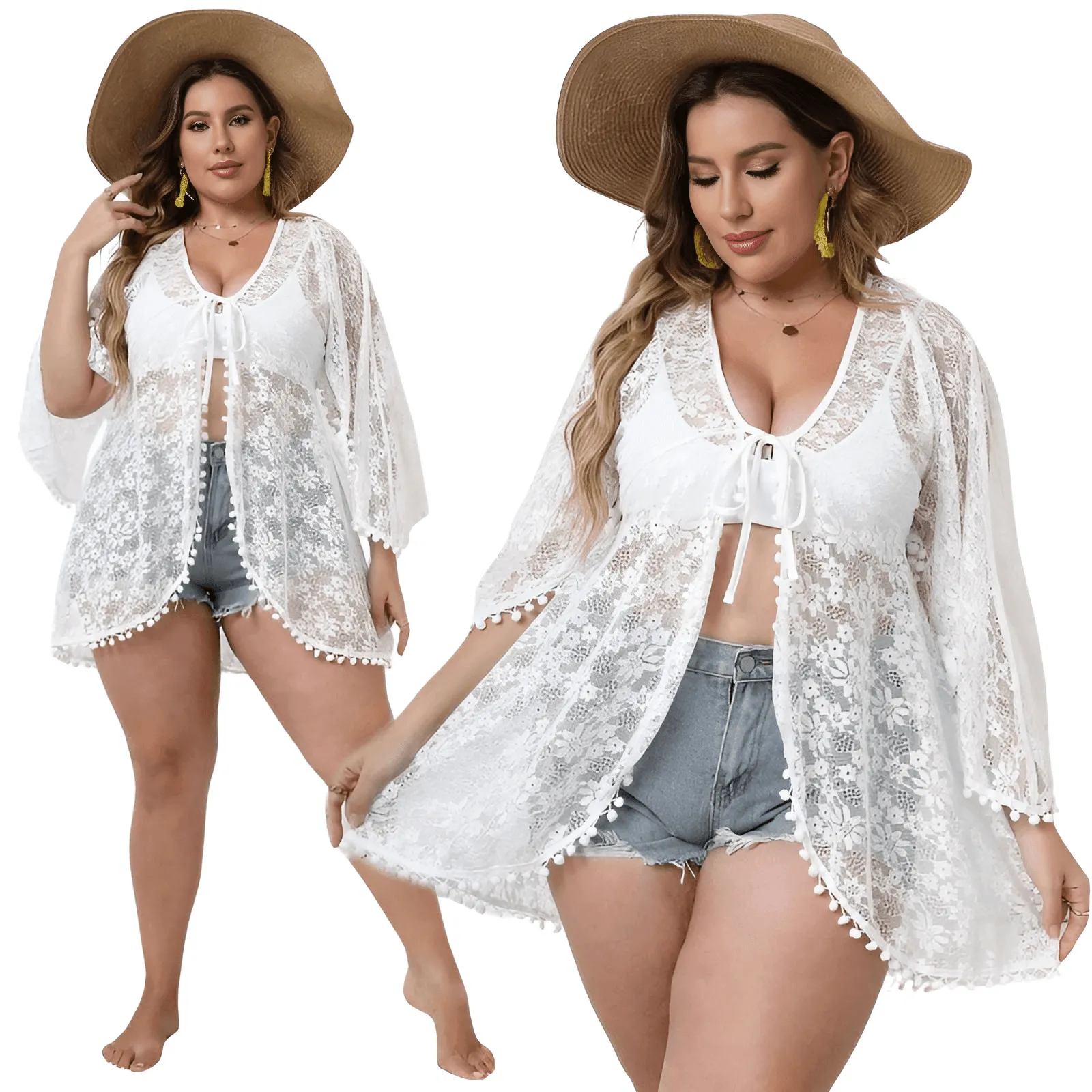 Plus Size Women's White Lace Cover Up Top- Cover Up Kimono Cardigan