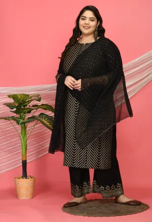 Plus Size Zig Zag Black & Gold Printed Kurta with Palazzo and Dupatta