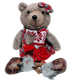 Plush Brown Christmas Bear Shelf Sitter with Plaid Bow & Plaid Dress