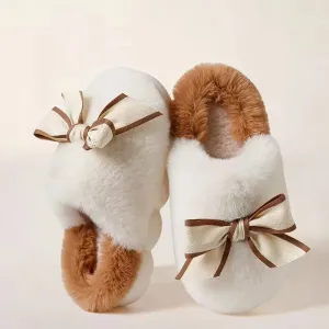 Plush Fur Slippers with Bow for Girls