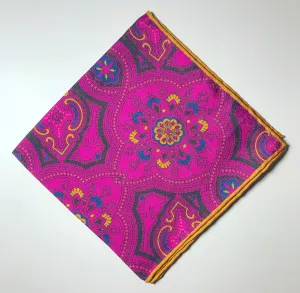 POCKET SQUARE ENGLISH SILK - FUCHSIA WITH BLUE AND WHISKEY YELLOW OTTOMAN MOTIF PRINT