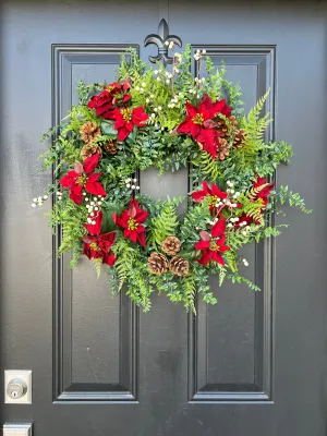 Poinsettia and Pinecone Christmas Wreath