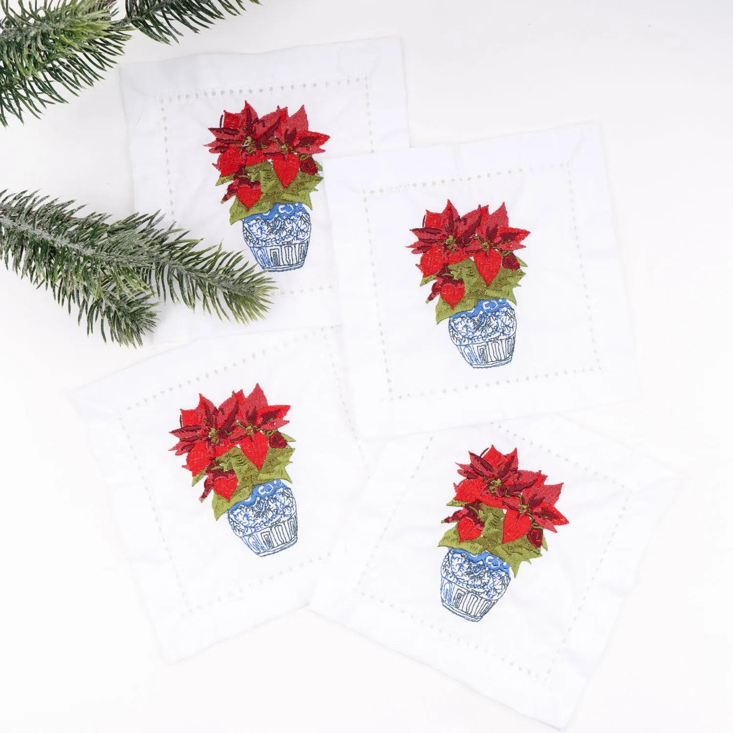 Poinsettias Embroidered Cocktail Napkin Boxed Set