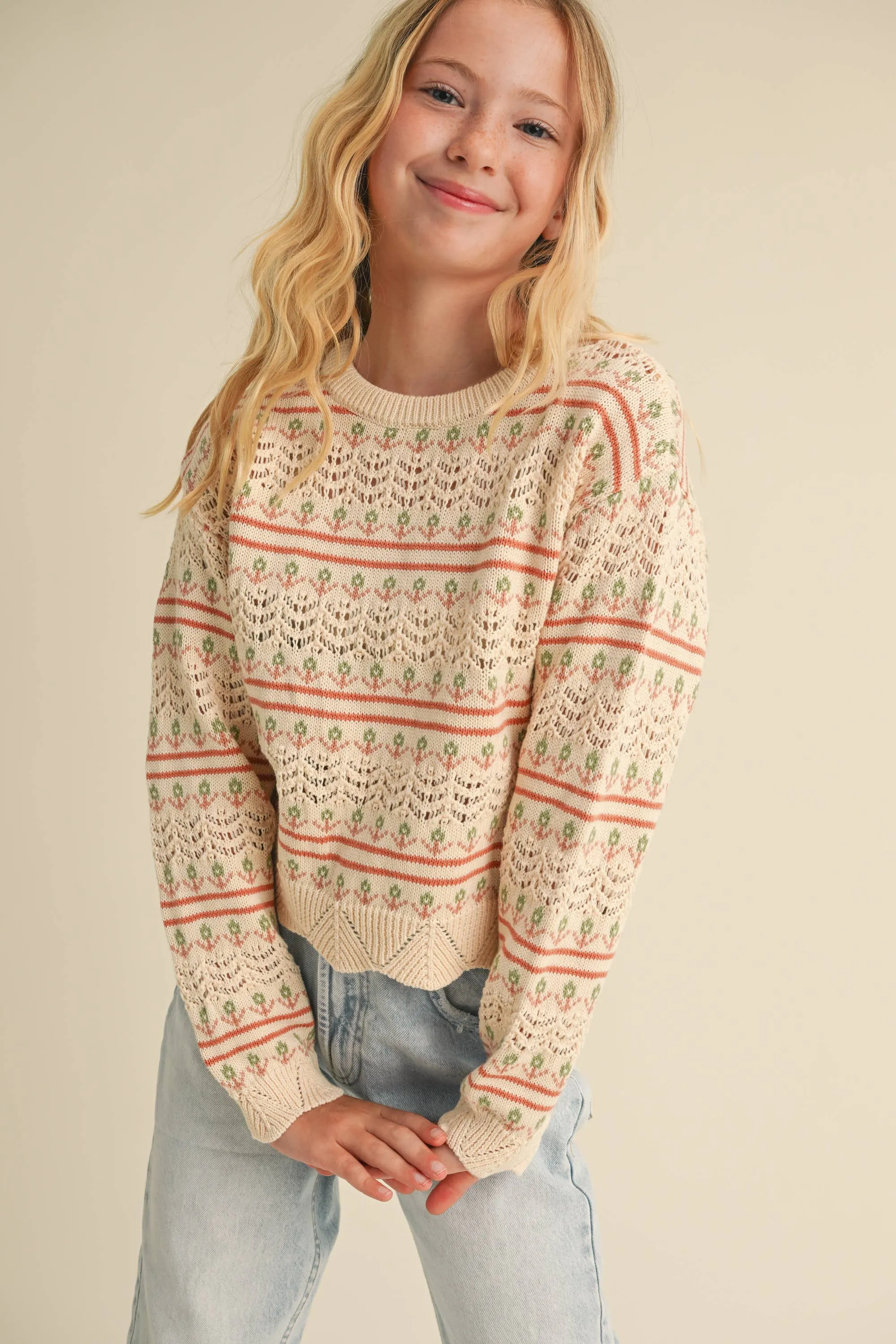 Pointelle Knit Pullover- Floral Pattern