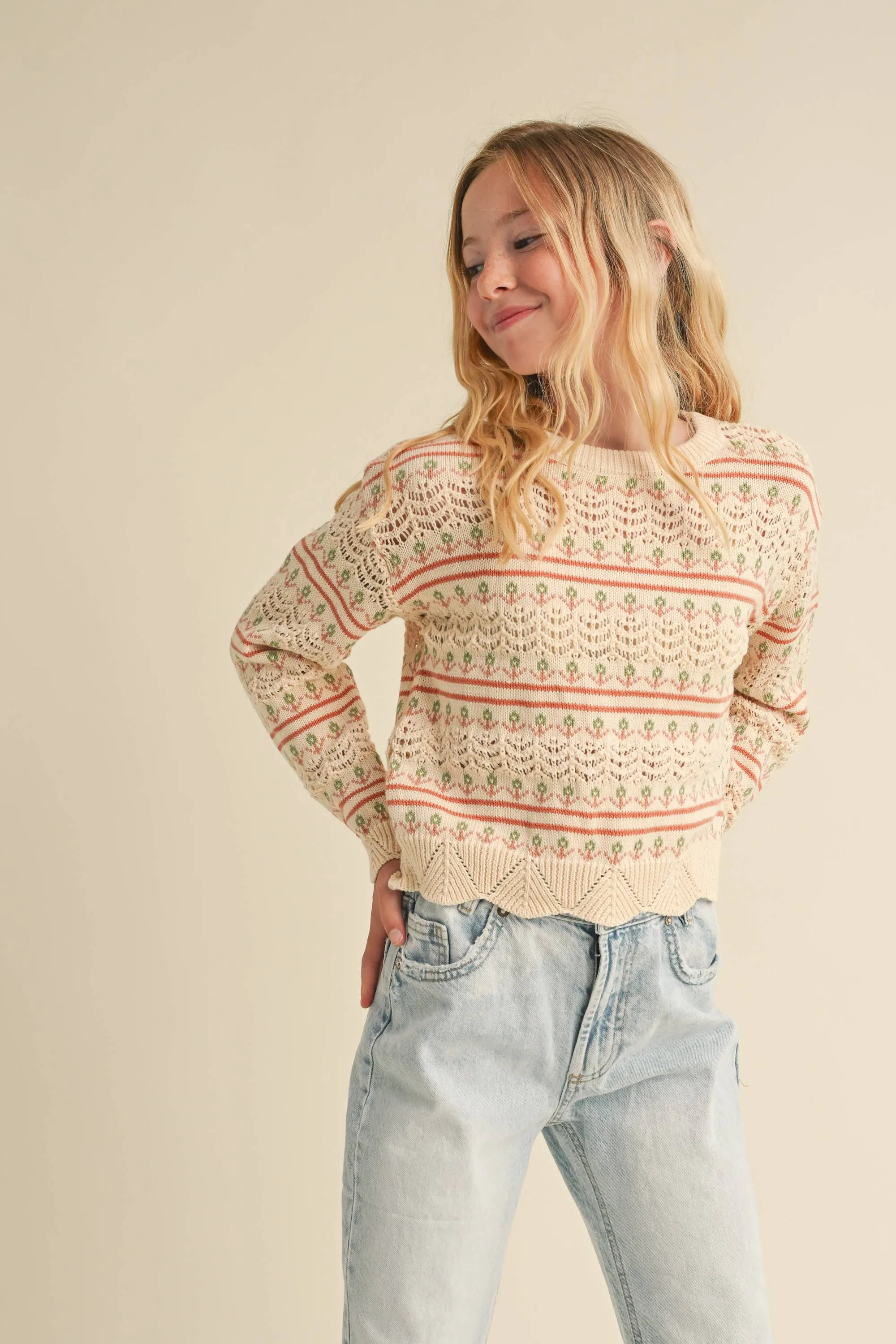 Pointelle Knit Pullover- Floral Pattern