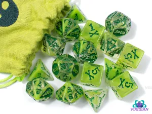 Poison Damage Set  | Translucent Green, Skull and Crossbones Designs | Resin Dice Set (18) & Bag