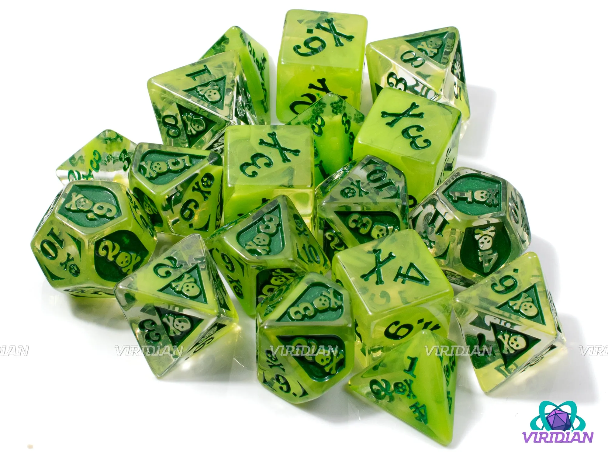 Poison Damage Set  | Translucent Green, Skull and Crossbones Designs | Resin Dice Set (18) & Bag