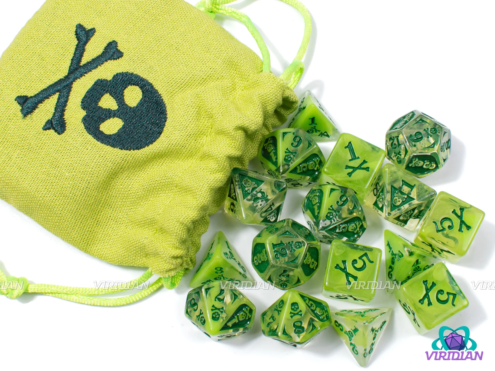 Poison Damage Set  | Translucent Green, Skull and Crossbones Designs | Resin Dice Set (18) & Bag