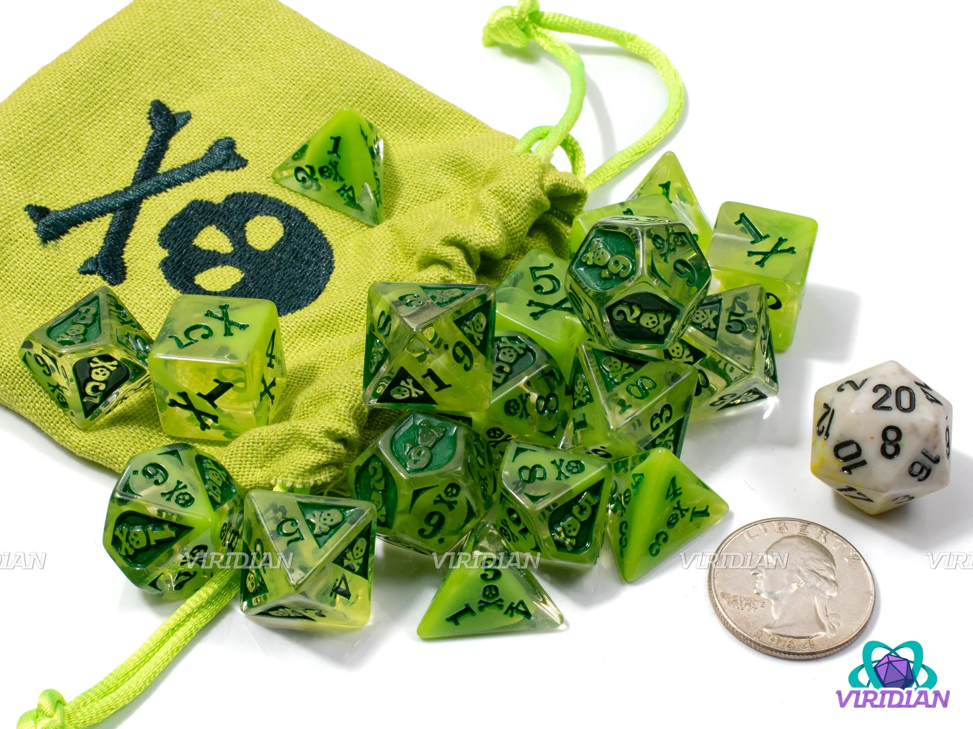 Poison Damage Set  | Translucent Green, Skull and Crossbones Designs | Resin Dice Set (18) & Bag