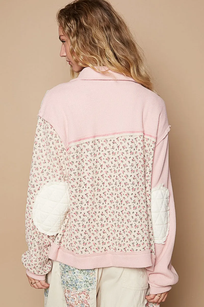 POL Floral Exposed Seam Button Up Quilted Jacket