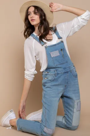 POL Front Chest Zipper Slim Leg Denim Overalls