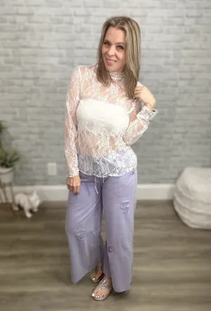 POL Lavender Wide Leg Denim Pants with Elastic Waist & Drawstring