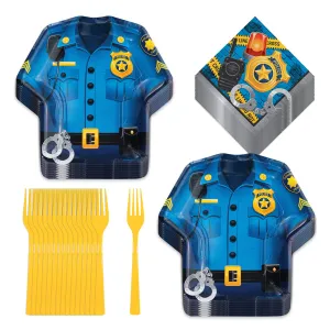 Police Party Supplies - Police Officer Uniform Shaped Paper Dinner Plates, Luncheon Napkins, and Forks (Serves 16)