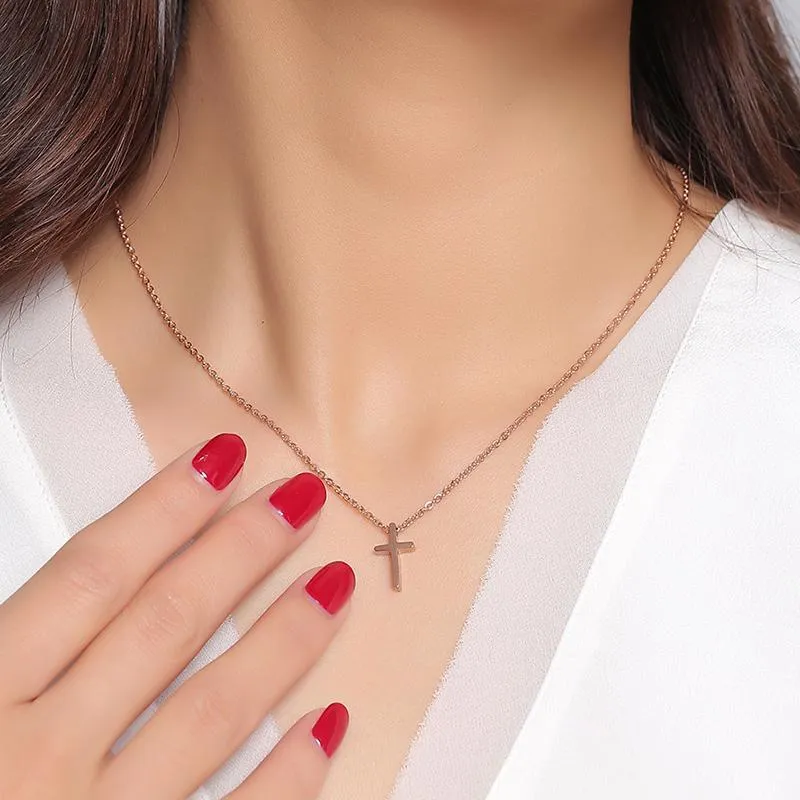 Polished Rose Gold Cross Necklace