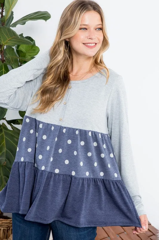 Polka Dot Button Tiered Ruffle Tunic