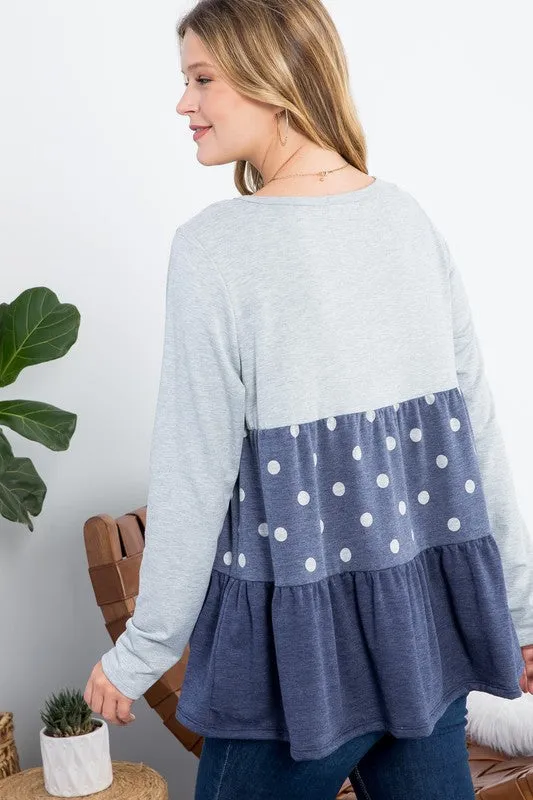 Polka Dot Button Tiered Ruffle Tunic