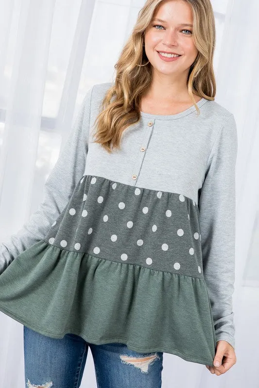 Polka Dot Button Tiered Ruffle Tunic