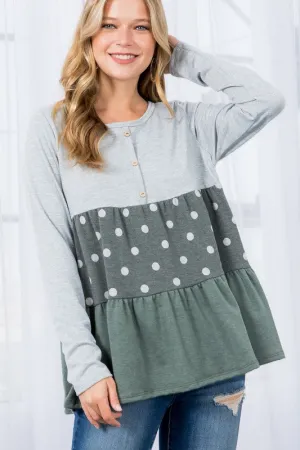 Polka Dot Button Tiered Ruffle Tunic