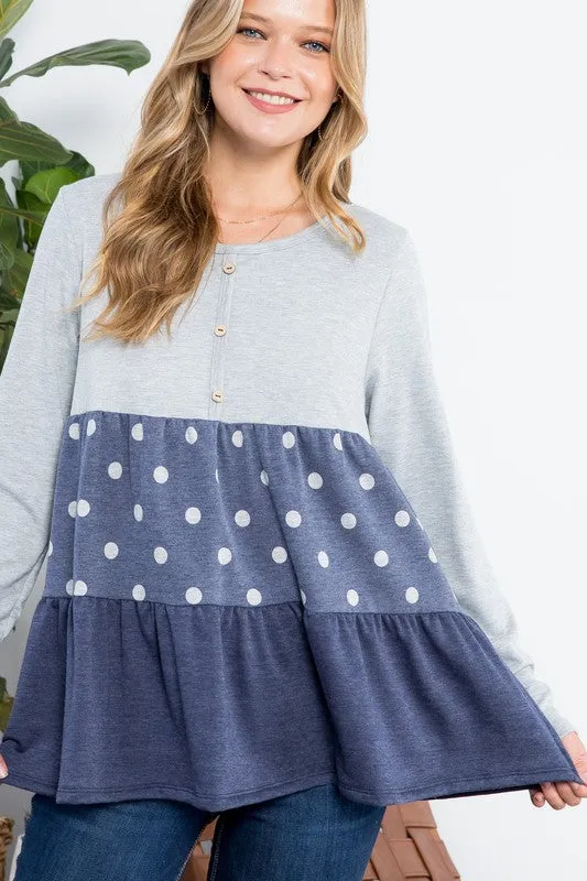 Polka Dot Button Tiered Ruffle Tunic