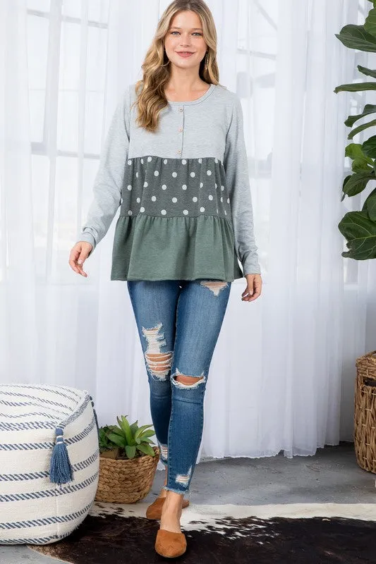 Polka Dot Button Tiered Ruffle Tunic