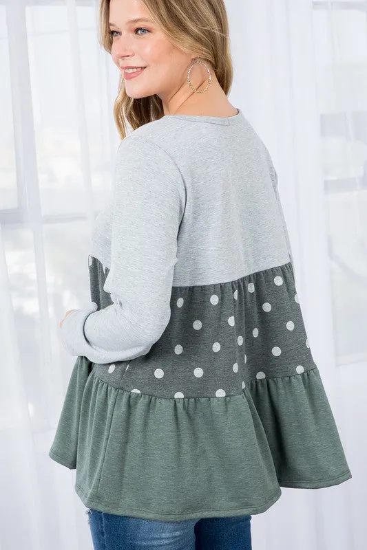 Polka Dot Button Tiered Ruffle Tunic