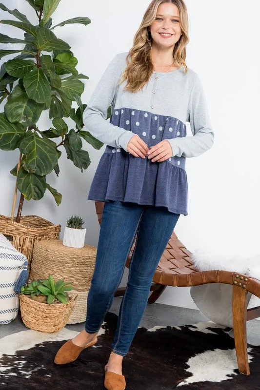 Polka Dot Button Tiered Ruffle Tunic