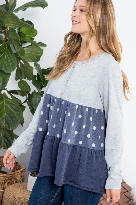 Polka Dot Button Tiered Ruffle Tunic