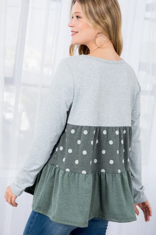 Polka Dot Button Tiered Ruffle Tunic