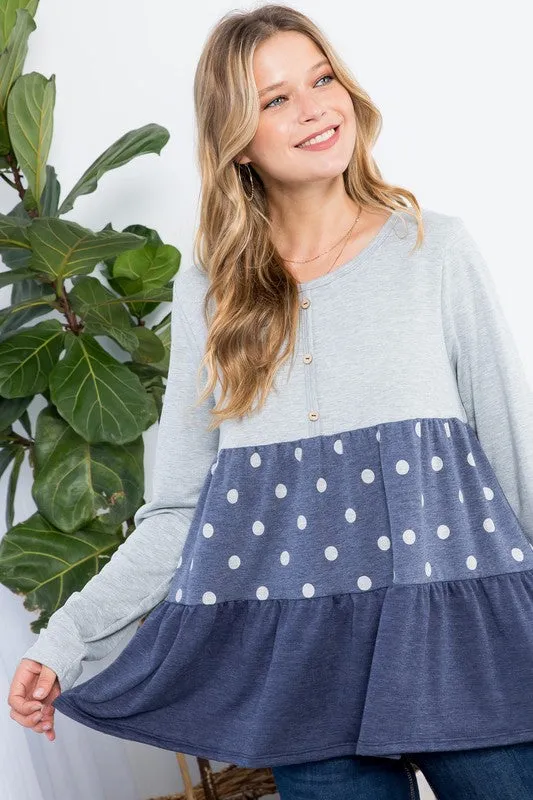 Polka Dot Button Tiered Ruffle Tunic