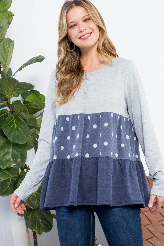 Polka Dot Button Tiered Ruffle Tunic