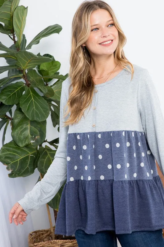 Polka Dot Button Tiered Ruffle Tunic