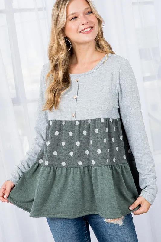 Polka Dot Button Tiered Ruffle Tunic