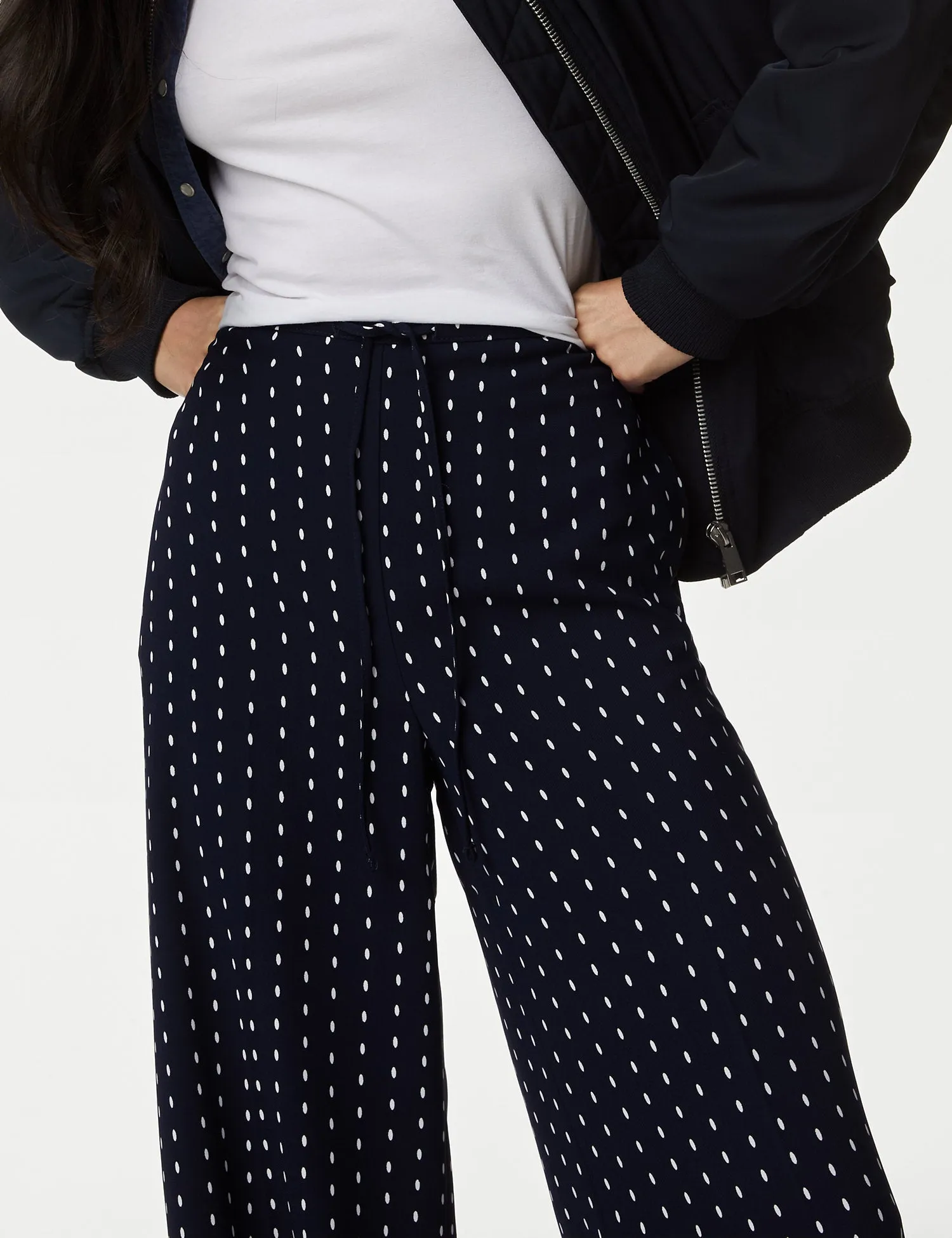 Polka Dot Drawstring Wide Leg Trousers