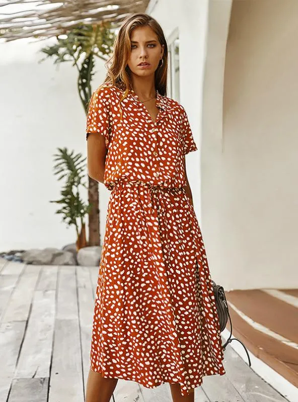 POLKA DOT PRINT DRESS WOMEN HIGH WAIST SASHES DRESS