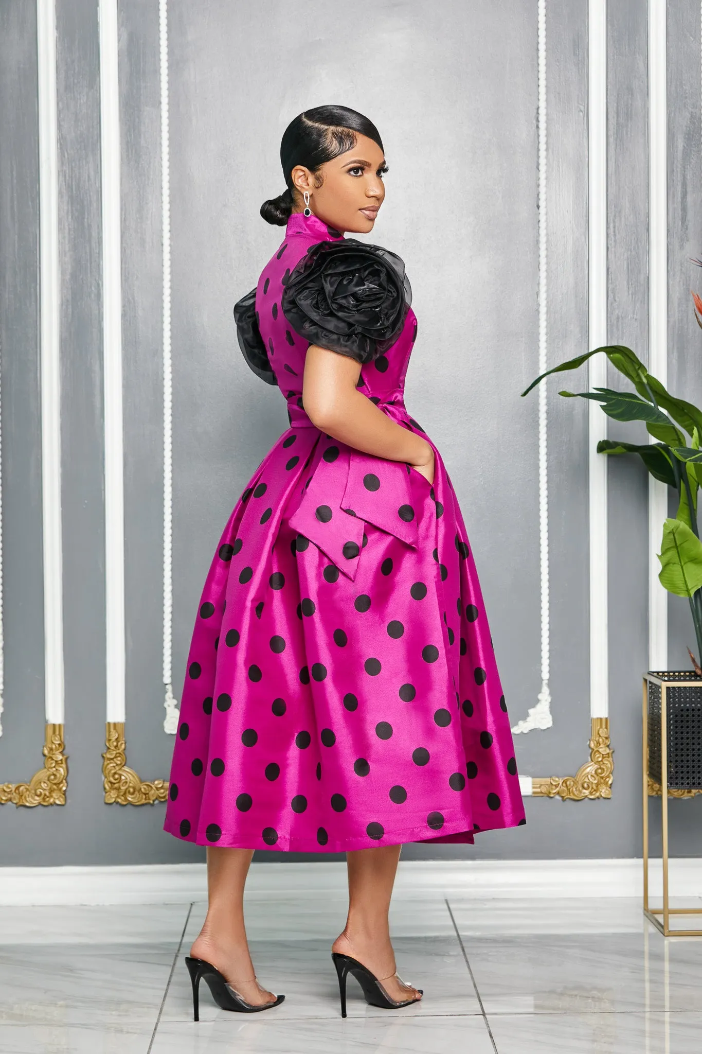 POLKA DOT PRINT WRAP AROUND FLOWER SLEEVES DRESS (FUCHSIA)