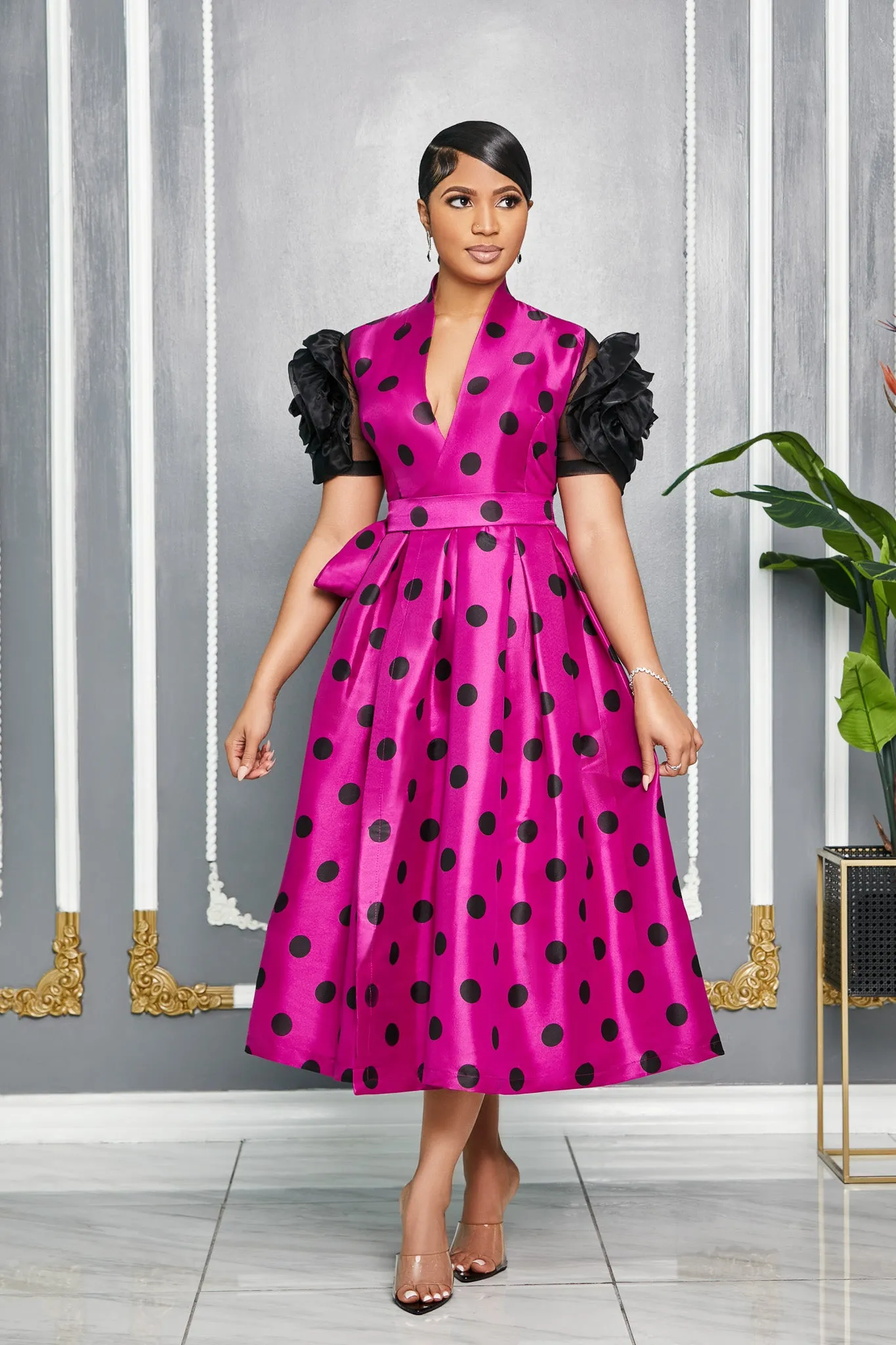 POLKA DOT PRINT WRAP AROUND FLOWER SLEEVES DRESS (FUCHSIA)