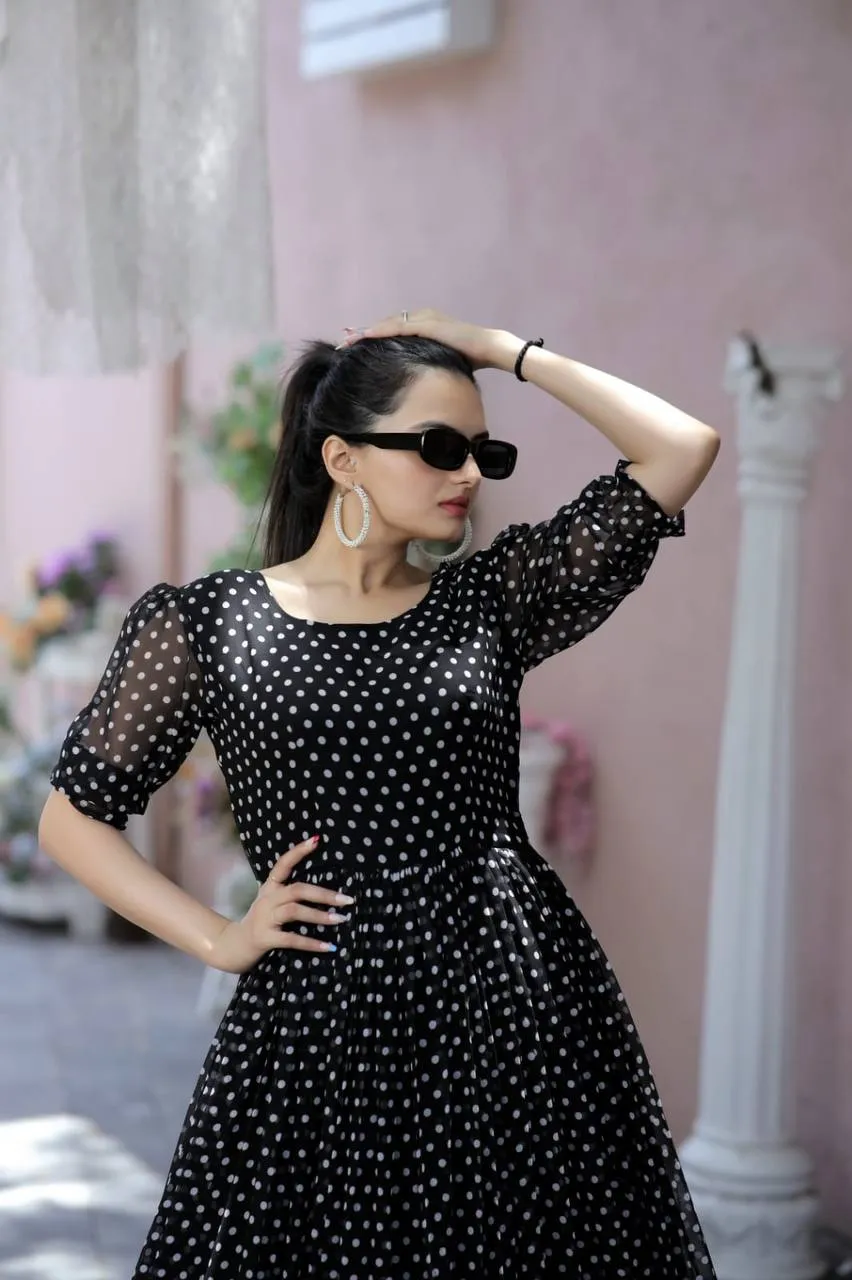 Polka Dot Printed Work Black Color Gown