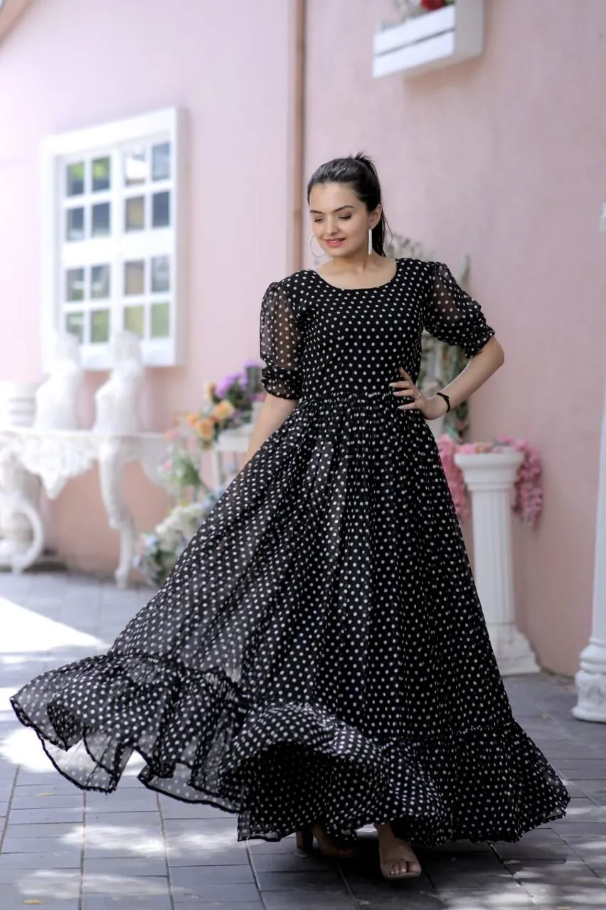 Polka Dot Printed Work Black Color Gown