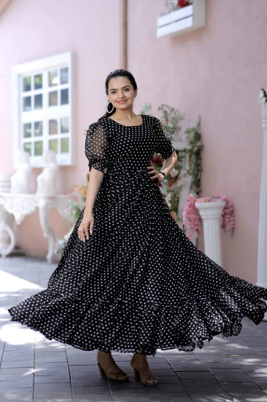 Polka Dot Printed Work Black Color Gown