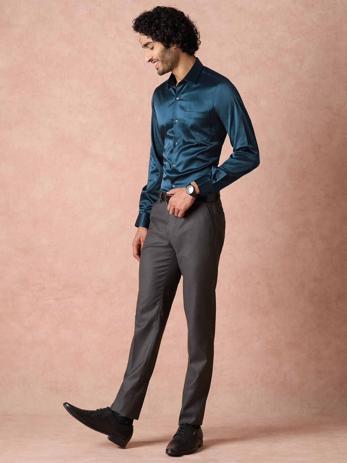 Poly Satin Navy Blue Plains Slim Fit Full Sleeve Ceremonial Shirt